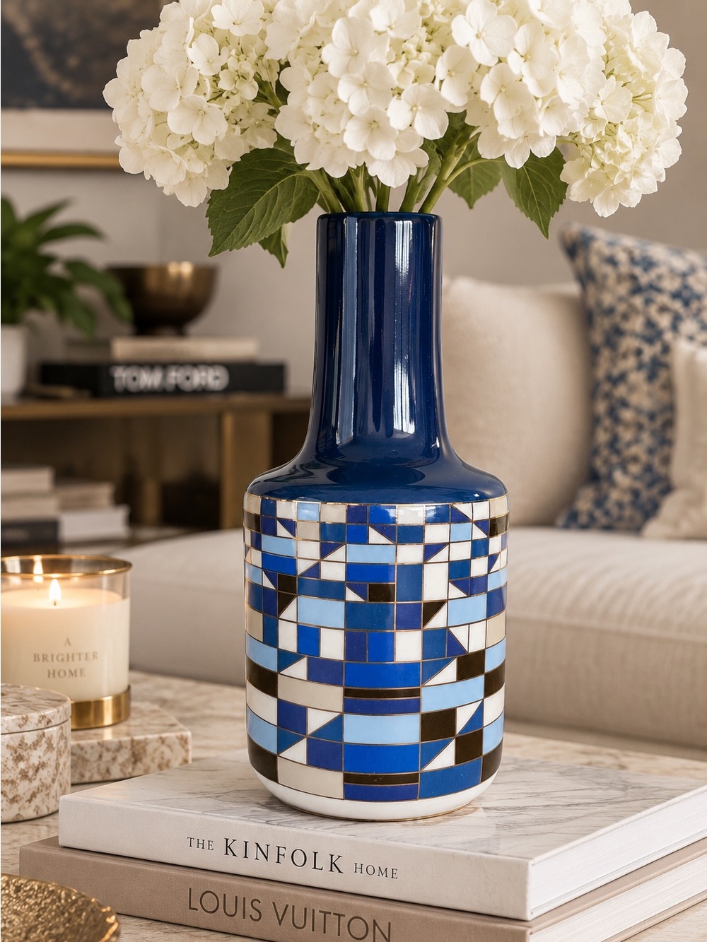 Zara HOME Blue Geometric Mosaic Ceramic Vase Gold Accent Modern Decor